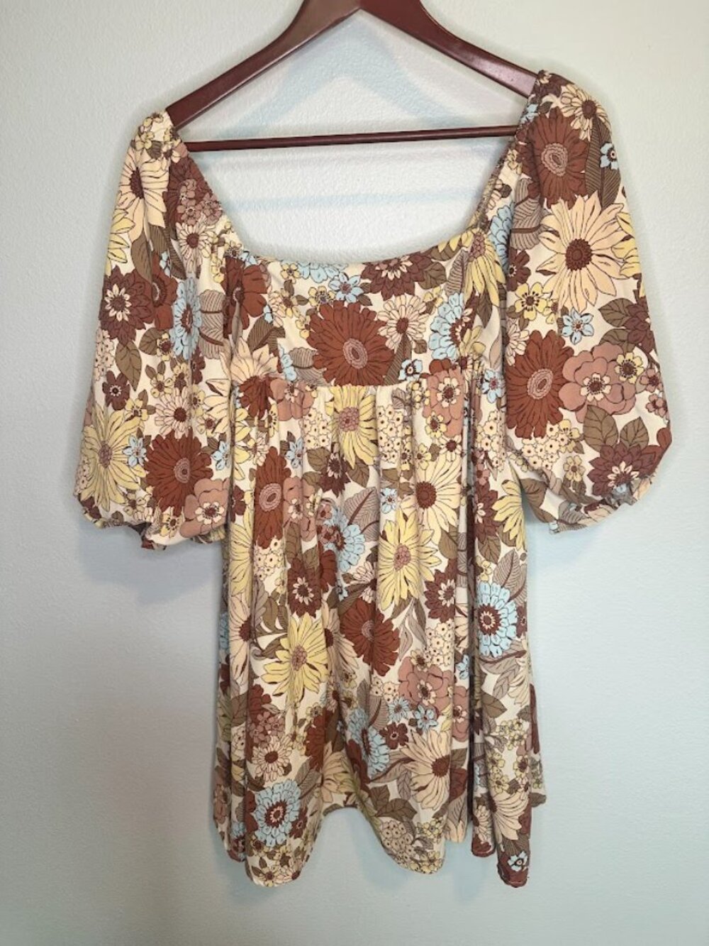 Sweet Lemon Puff Sleeve Cottagecore 70s Retro Style Floral Babydoll Dress - S